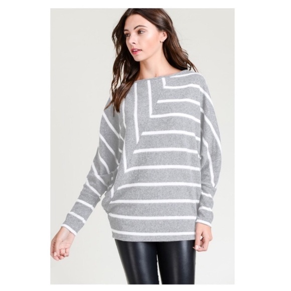 Striped gray and white top with boat neck and long sleeves. - Picture 2 of 4